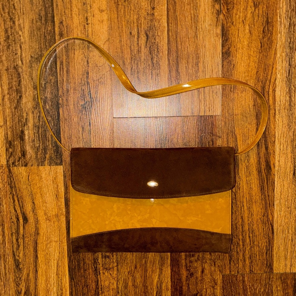 Vintage Brown Suede and Mustard Yellow Patent Leather Shoulder Bag Clutch